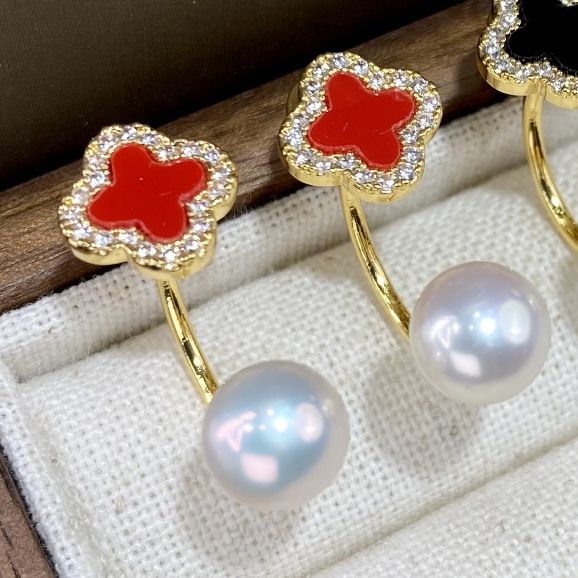 Bông Tai Kim Bạc Đính Ngọc Trai Tự Nhiên Mặt Cỏ 4 Lá Hoạ tiết LV 2 Cách Đeo MADAME HIEN PEARLS Thời Trang Nữ BTN187