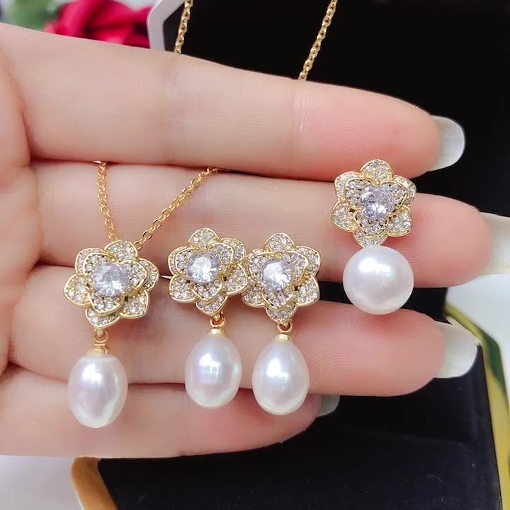 Bộ Set Ngọc Trai Dây chuyền + Nhẫn + Bông Tai Dáng Hoa Hồng nữ tính SPS018