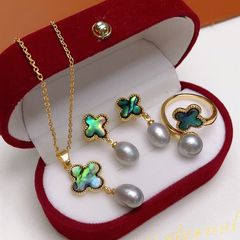 Set Trang sức vòng cổ bông tai nhẫn đính Xà Cừ và Ngọc Trai Tự Nhiên cỏ 4 lá SPS043