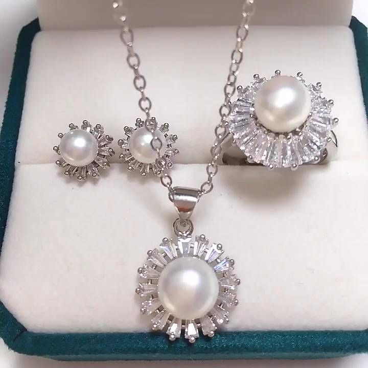 Bộ Set trang sức ngọc trai nước ngọt và đá Thạch Anh tạo hình Hoa Cúc thời trang SPS035