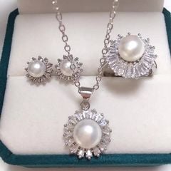 Bộ Set trang sức ngọc trai nước ngọt và đá Thạch Anh tạo hình Hoa Cúc thời trang SPS035