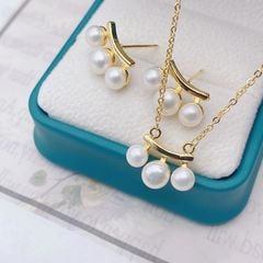 Bộ Vòng cổ Và Bông Tai Ngọc Trai Nuôi Tự Nhiên mặt 3 hạt bán nguyệt SPS036