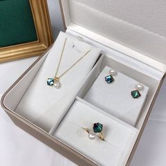 Bộ Set Ngọc Trai Vòng cổ + Nhẫn + Bông Tai Set Khuyên Tai Vỏ Trai Đính Ngọc Trai Tự Nhiên Vỏ Sò SPS065A