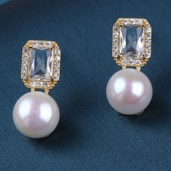 Bông Tai Bạc 925 Pha Lê Vuông Đính Ngọc Trai Tự Nhiên Sang Trọng MADAME HIEN PEARLS Cho Nữ BTN036