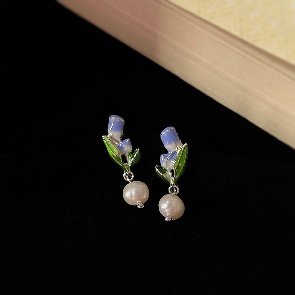 Bông Tai Mạ Bạc 925 Hình Hoa Tulip Tím Đính Ngọc Trai Tự Nhiên Phong Cách Châu Âu BTT023