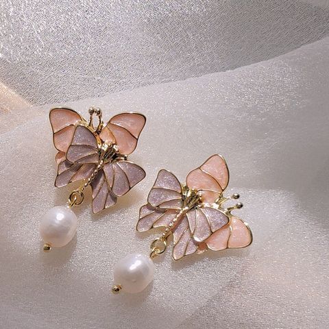 Bông Tai Bướm Hồng Tím Bạc 925  Đính Ngọc Trai Tự Nhiên xinh xắn MADAME HIEN PEARLS BTG012