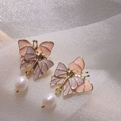 Bông Tai Bướm Hồng Tím Bạc 925  Đính Ngọc Trai Tự Nhiên xinh xắn MADAME HIEN PEARLS BTG012