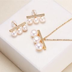 Bộ Set Vòng cổ + Bông Tai Bạc 925 Ngọc Trai Nước Ngọt thanh kim cương đính 3 hạt ngọc trai sang trọng SPS040