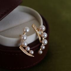 Bông Tai Bạc Đính Ngọc Trai Tự Nhiên Dãy 5 Hạt Phong Cách Pháp MADAME HIEN PEARLS Sang Trọng BTN027