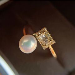 Nhẫn Ngọc Trai Tự Nhiên Đính mặt đá sapphire chữ nhật Unisex Nam Nữ NN008