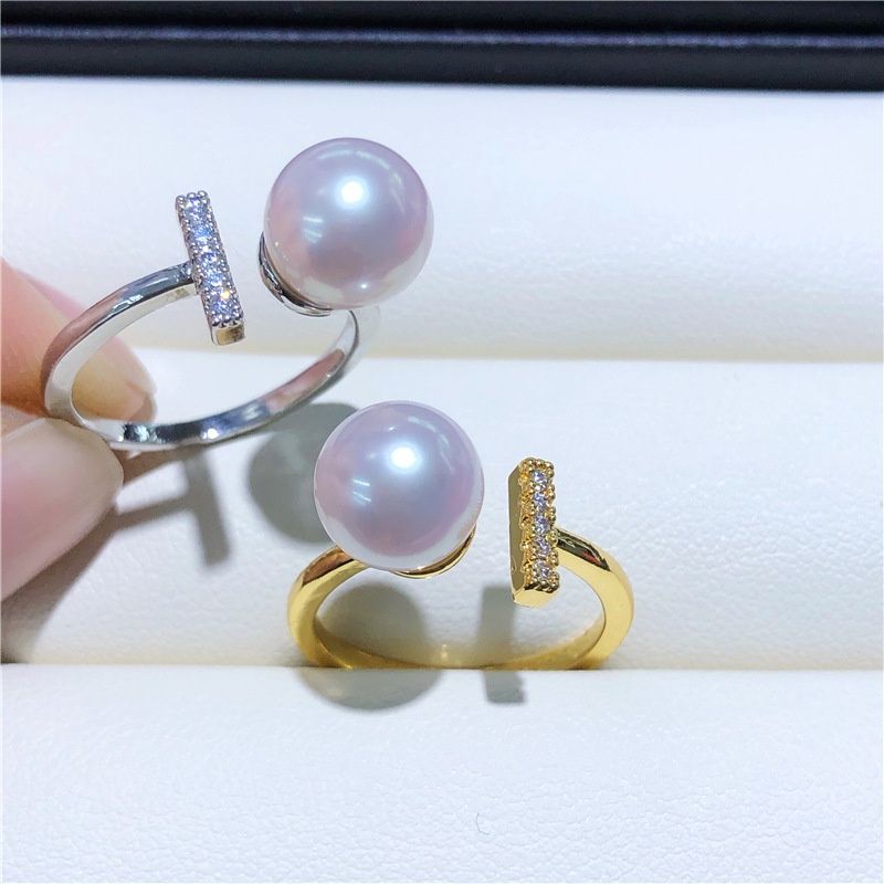 Nhẫn Cân Bằng zircon Đính Ngọc Trai Tự Nhiên Hạt tròn 8mm AAAA NN003