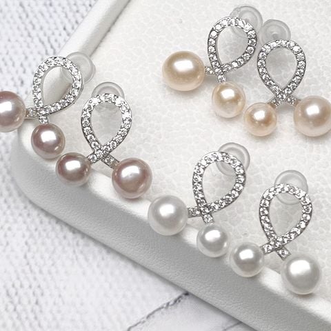 Bông Tai Nơ Lưới Zircon Đính 2 Hạt Ngọc Trai  Tự Nhiên Đan Chéo Xinh Xắn BTN006