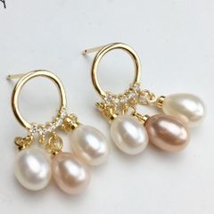Bông Tai Ngọc Trai AAA Nuôi Tự Nhiên Chùm 3 hạt nước tua rua Cao cấp BTG016