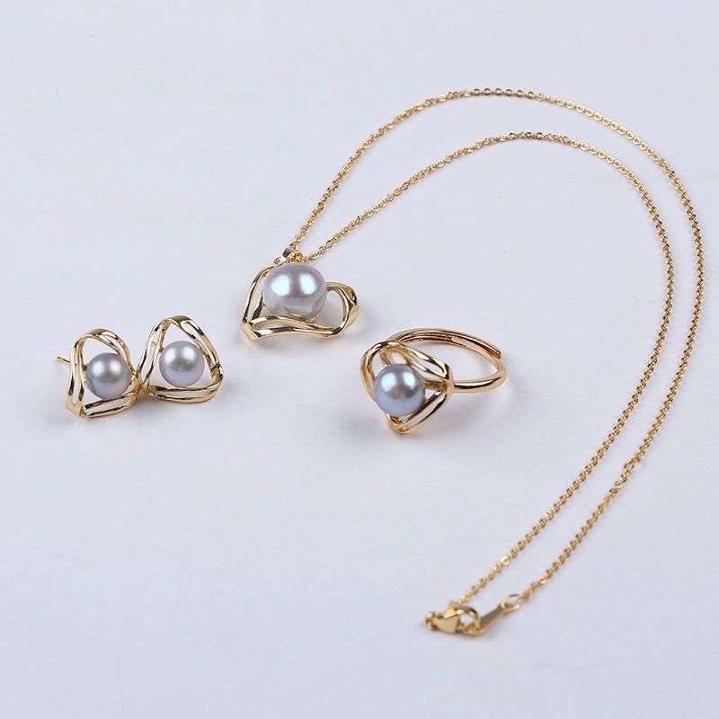 Bộ Set Nữ Trang Vòng cổ, Nhẫn Và Bông Tai Mạ Vàng Đính Ngọc Trai Nuôi Tự Nhiên cao cấp Bộ trang sức vòng đôi tam giác đơn giản sang trọng SP213