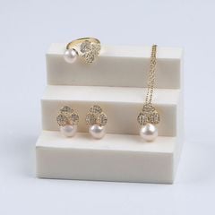 Bộ Vòng cổ, Nhẫn Và Khuyên Tai Mạ Vàng Đính Ngọc Trai Nuôi Tự Nhiên cao cấp Bộ trang sức set cỏ 3 lá trai tròn SPS039