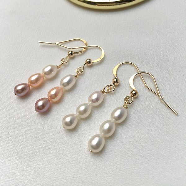 Khuyên Tai Mạ Vàng 14K Đính 3 Hạt Ngọc Trai Tua Rua 7-8mm MADAME HIEN PEARLS BTG005