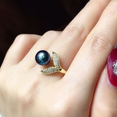 Nhẫn Ngọc Trai Nuôi Tự Nhiên 8-9mm Đuôi cá Đen Freesize NN017