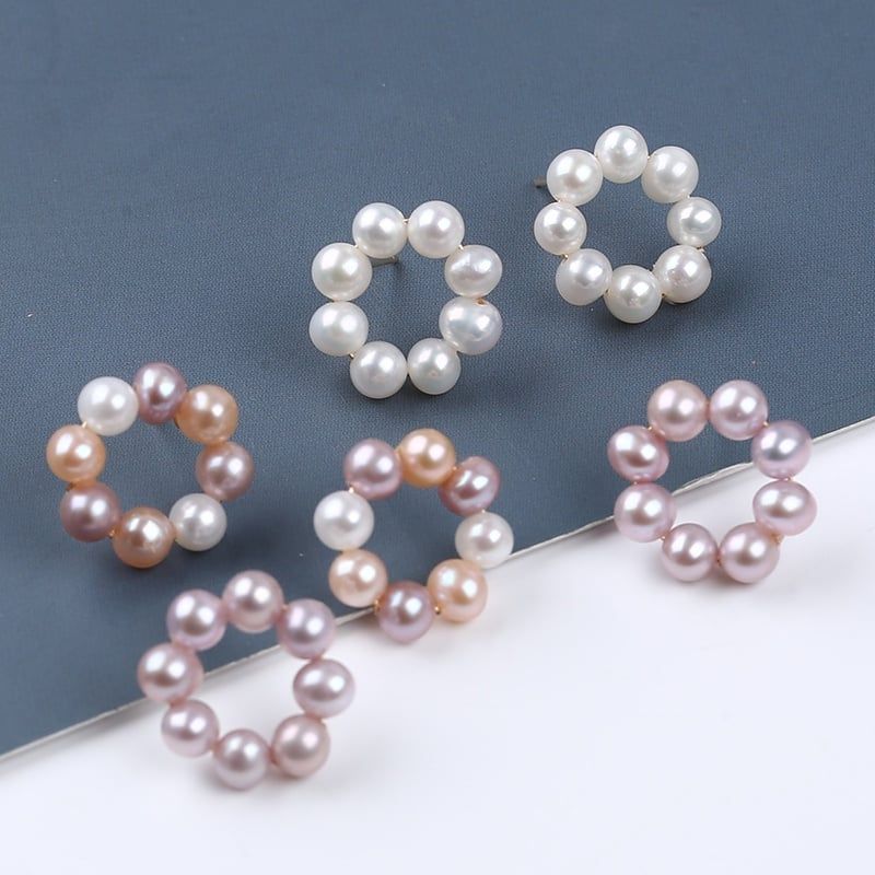 Bông Tai Bạc 925 Đính Tua Rua Vòng Tròn Ngọc Trai Tự Nhiên 8 Hạt Tròn Nhỏ MADAME HIEN PEARLS Cho Nữ BTT020M