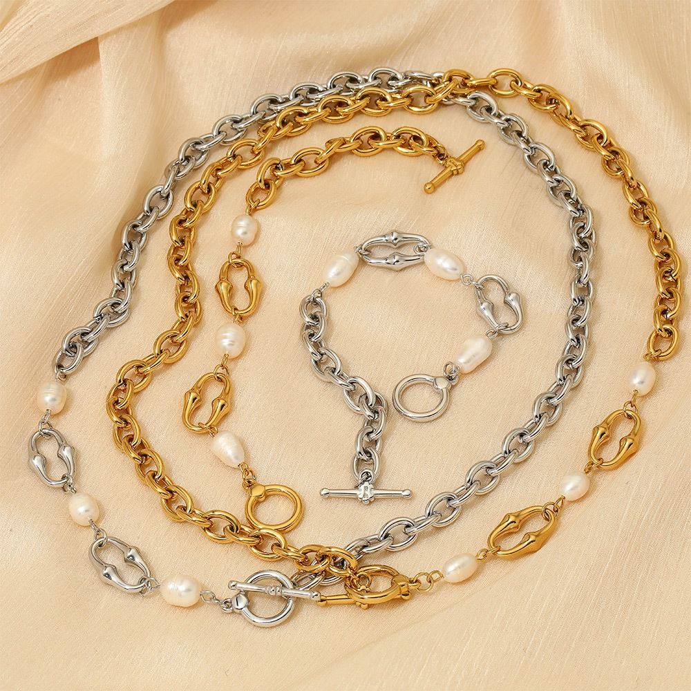 Vòng Tay Chuỗi Xích Thô Thép Titan Đính Ngọc Trai Tự Nhiên MADAME HIEN PEARLS Mạnh Mẽ Cá Tính VTT033