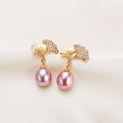 Bông Tai Bạc 925 Lá Bạch Quả Ginkgo Tua Rua Ngọc Trai Tự Nhiên 8-9mm BTG015