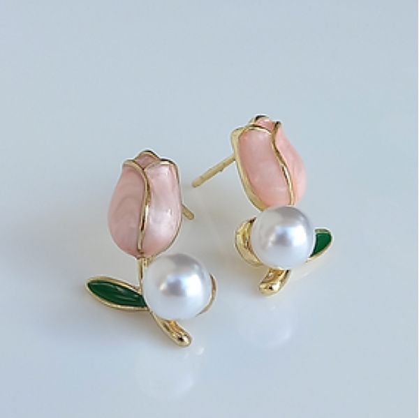 Bông Tai Cành Hoa Tulip Hồng Mạ Vàng 14k Đính Ngọc Trai Tự Nhiên MADAME HIEN PEARLS Cho Nữ BTN212