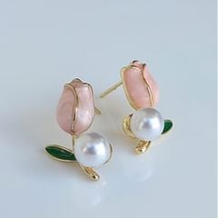 Bông Tai Cành Hoa Tulip Hồng Mạ Vàng 14k Đính Ngọc Trai Tự Nhiên MADAME HIEN PEARLS Cho Nữ BTN212
