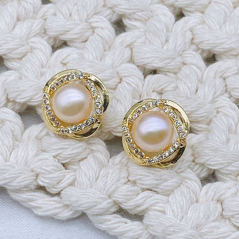 Bông Tai Kim Bạc s925 Khung Đính Đá Quý Và Ngọc Trai Tự Nhiên Dáng Hoa Kim Cương 4 Cánh BTN145