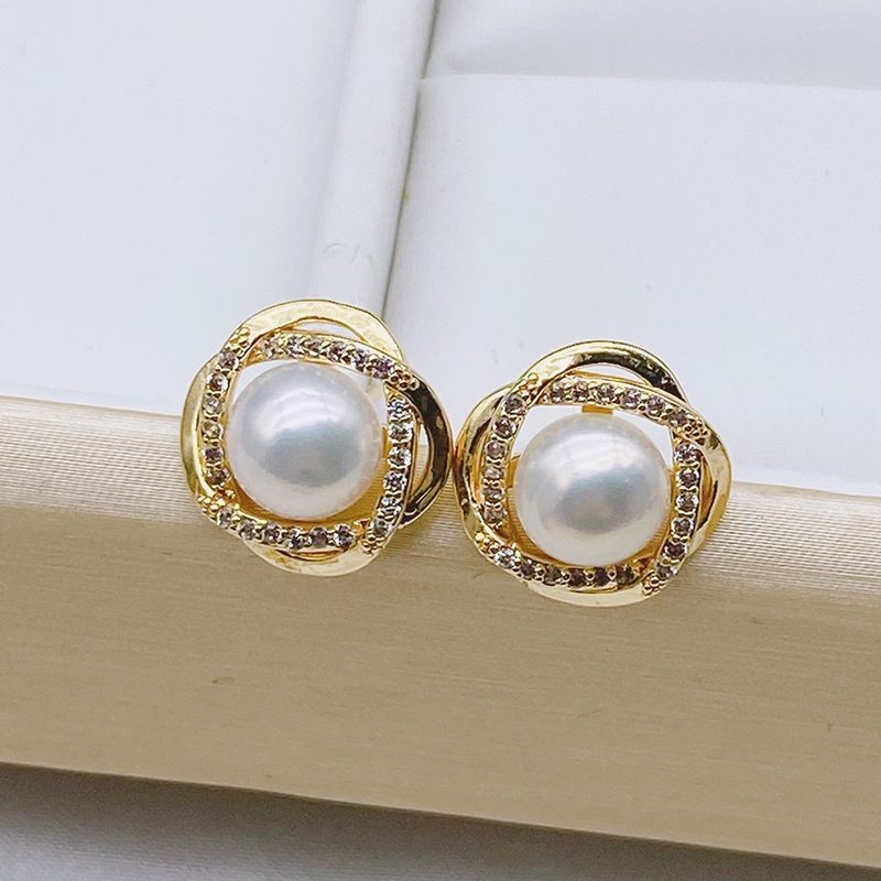 Bông Tai Kim Bạc s925 Khung Đính Đá Quý Và Ngọc Trai Tự Nhiên Dáng Hoa Kim Cương 4 Cánh BTN145