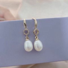 Bông Tai tua rua Ngọc Trai Nuôi tự nhiên hạt gạo vòng tròn đá zircon SP075T