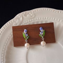 Bông Tai Mạ Bạc 925 Hình Hoa Tulip Tím Đính Ngọc Trai Tự Nhiên Phong Cách Châu Âu BTT023