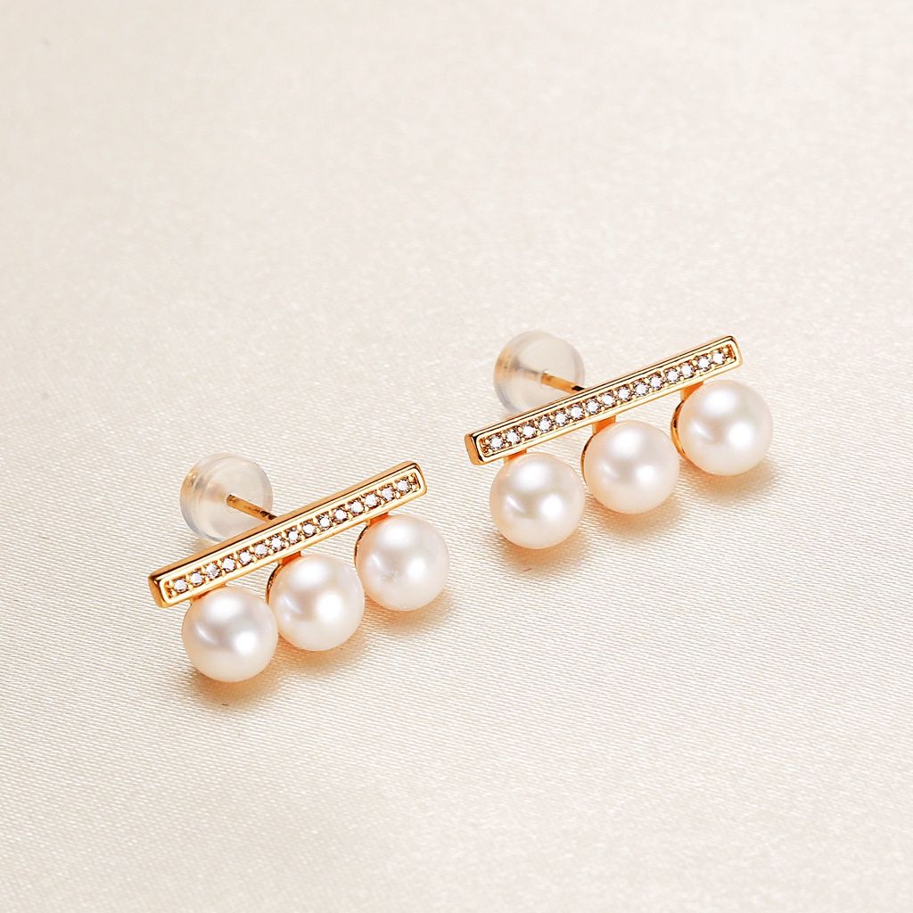 Bộ Set Vòng cổ + Bông Tai Bạc 925 Ngọc Trai Nước Ngọt thanh kim cương đính 3 hạt ngọc trai sang trọng SPS040