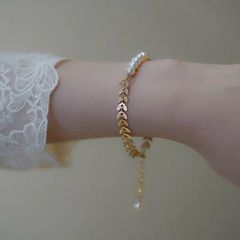 Vòng Tay Mạ Vàng Dây Lá 14K Đính Ngọc Trai Hạt Tròn Đẹp Sang Trọng Thời Trang VTT005