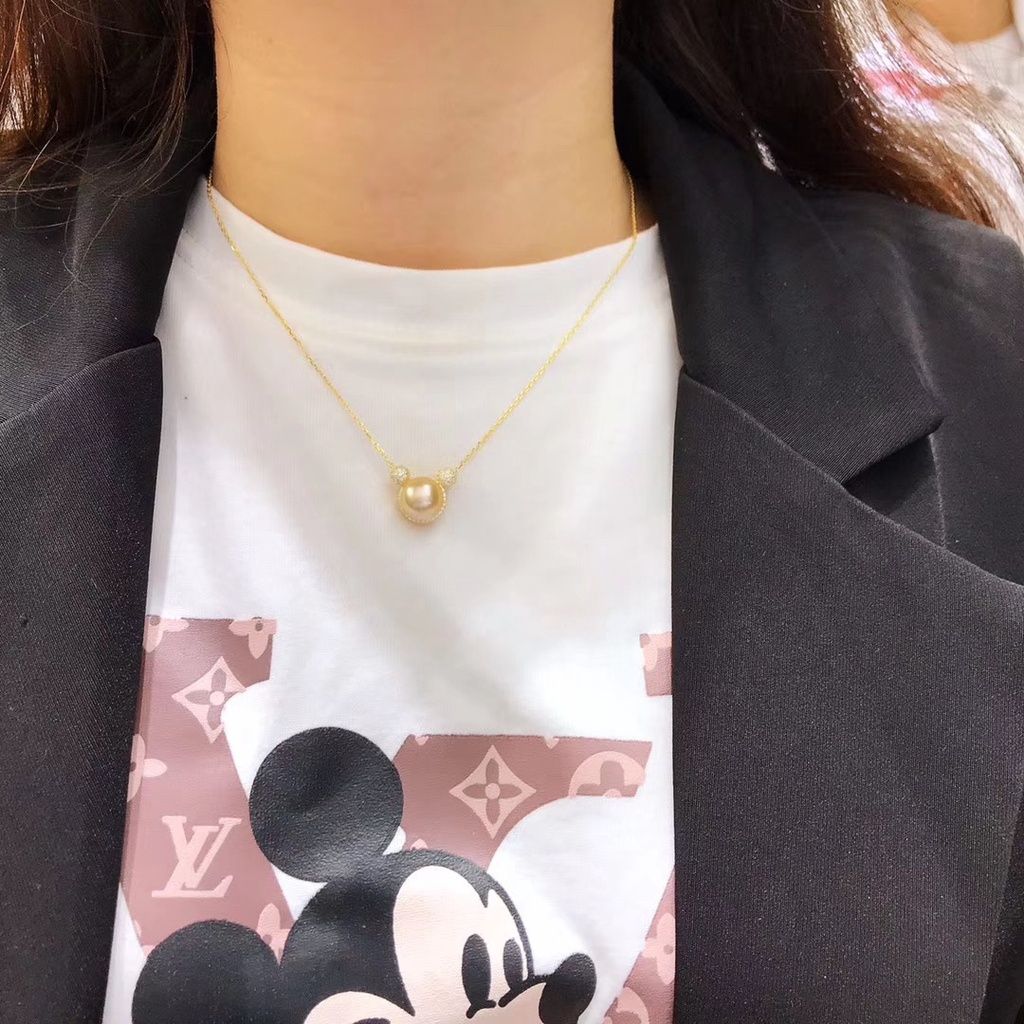 Vòng cổ Đồng Mạ Vàng 18K Mặt Hình Chuột Mickey Ngọt Ngào Dễ Thương Ngọc trai tự nhiên MN020V