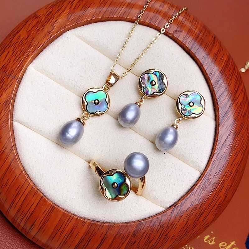 Set Trang sức vòng cổ bông tai nhẫn đính Xà Cừ và Ngọc Trai Tự Nhiên cỏ 4 lá SPS043