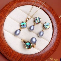 Set Trang sức vòng cổ bông tai nhẫn đính Xà Cừ và Ngọc Trai Tự Nhiên cỏ 4 lá SPS043