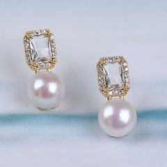 Bông Tai Bạc 925 Pha Lê Vuông Đính Ngọc Trai Tự Nhiên Sang Trọng MADAME HIEN PEARLS Cho Nữ BTN036
