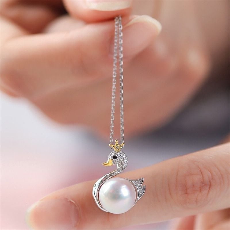 Vòng cổ Bạc 925 Mặt Hình Thiên Nga Ngọt Ngào Dễ Thương Ngọc trai tự nhiên