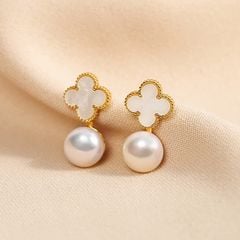 Bông Tai Bạc 925 Hình Cỏ 4 Lá Đính Ngọc Trai Tự Nhiên MADAME HIEN PEARLS BTN033