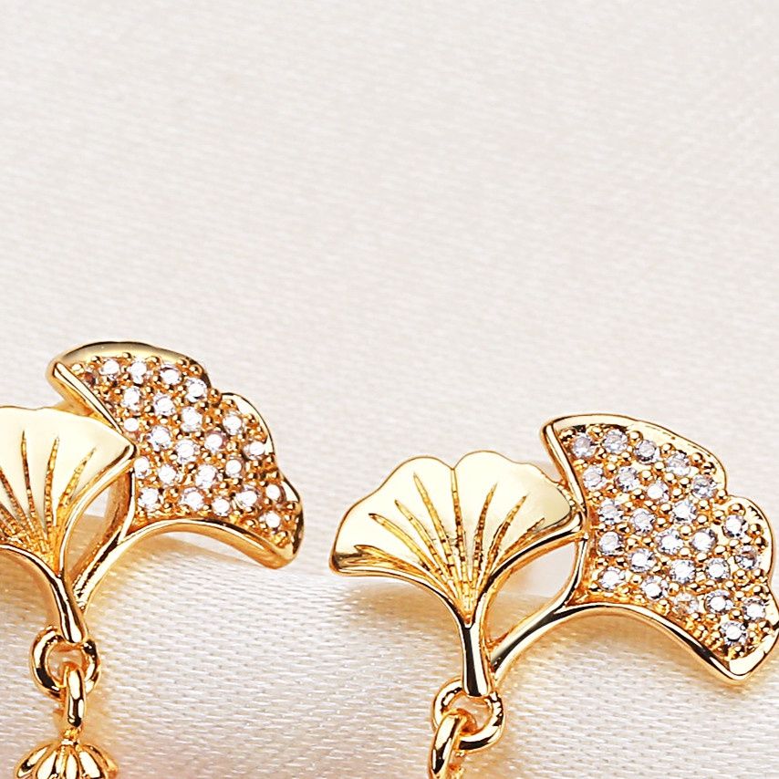 Bông Tai Bạc 925 Lá Bạch Quả Ginkgo Tua Rua Ngọc Trai Tự Nhiên 8-9mm BTG015