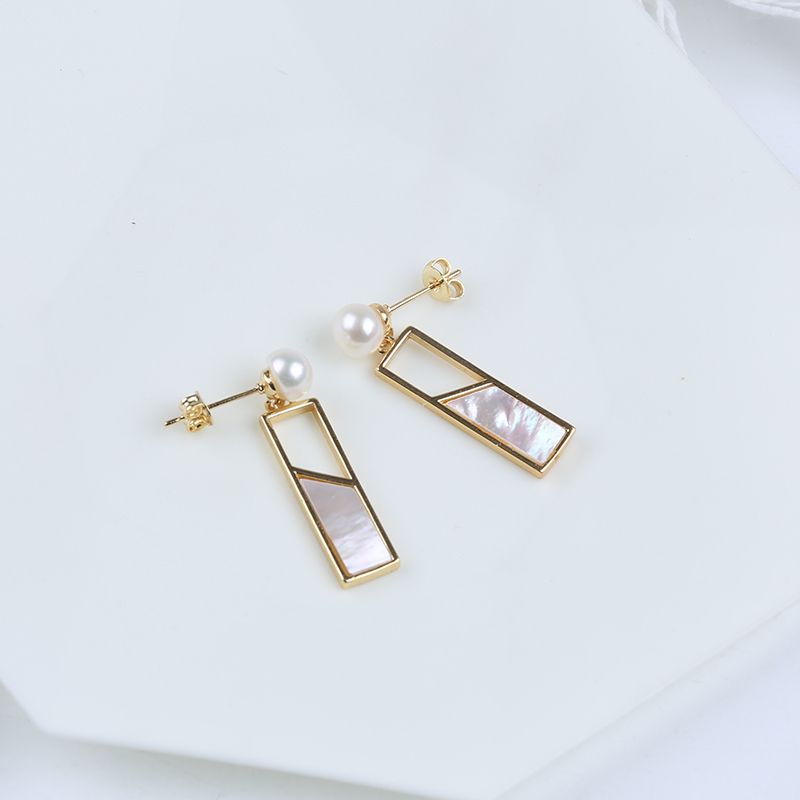 Khuyên Tai Hình Học Cá Tính Xà Cừ Đính Ngọc Trai Tự Nhiên Thời Trang MADAME HIEN PEARLS BTN016