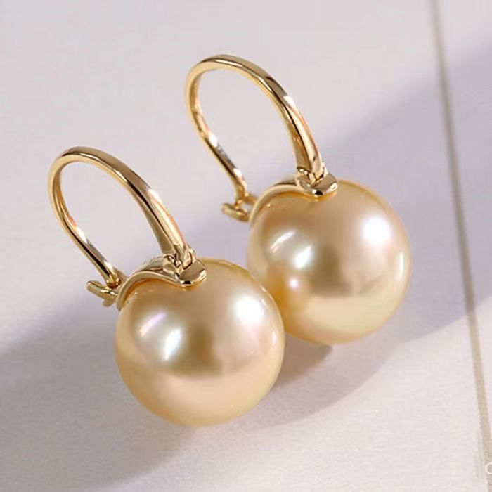 Bông Tai Ngọc Trai Tự Nhiên Xà Cừ Vàng Sâm Panh Tròn Hoàn Hảo Và Không Lỗ Xỏ Hạt Tự Nhiên XC012