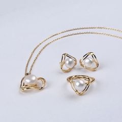 Bộ Set Nữ Trang Vòng cổ, Nhẫn Và Bông Tai Mạ Vàng Đính Ngọc Trai Nuôi Tự Nhiên cao cấp Bộ trang sức vòng đôi tam giác đơn giản sang trọng SP213