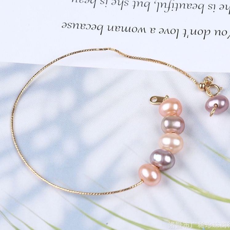 Vòng Tay 5 Hạt Ngọc Trai Tự Nhiên Handmade MADAME HIEN PEARL Dê Thương Còng Cứng Điều Chỉnh Được VTT010M