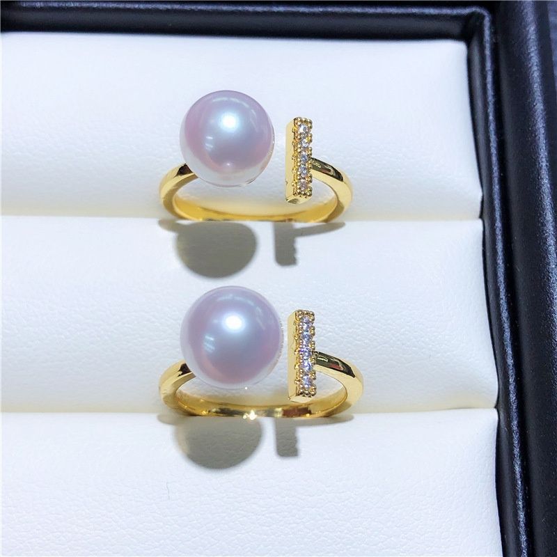 Nhẫn Cân Bằng zircon Đính Ngọc Trai Tự Nhiên Hạt tròn 8mm AAAA NN003