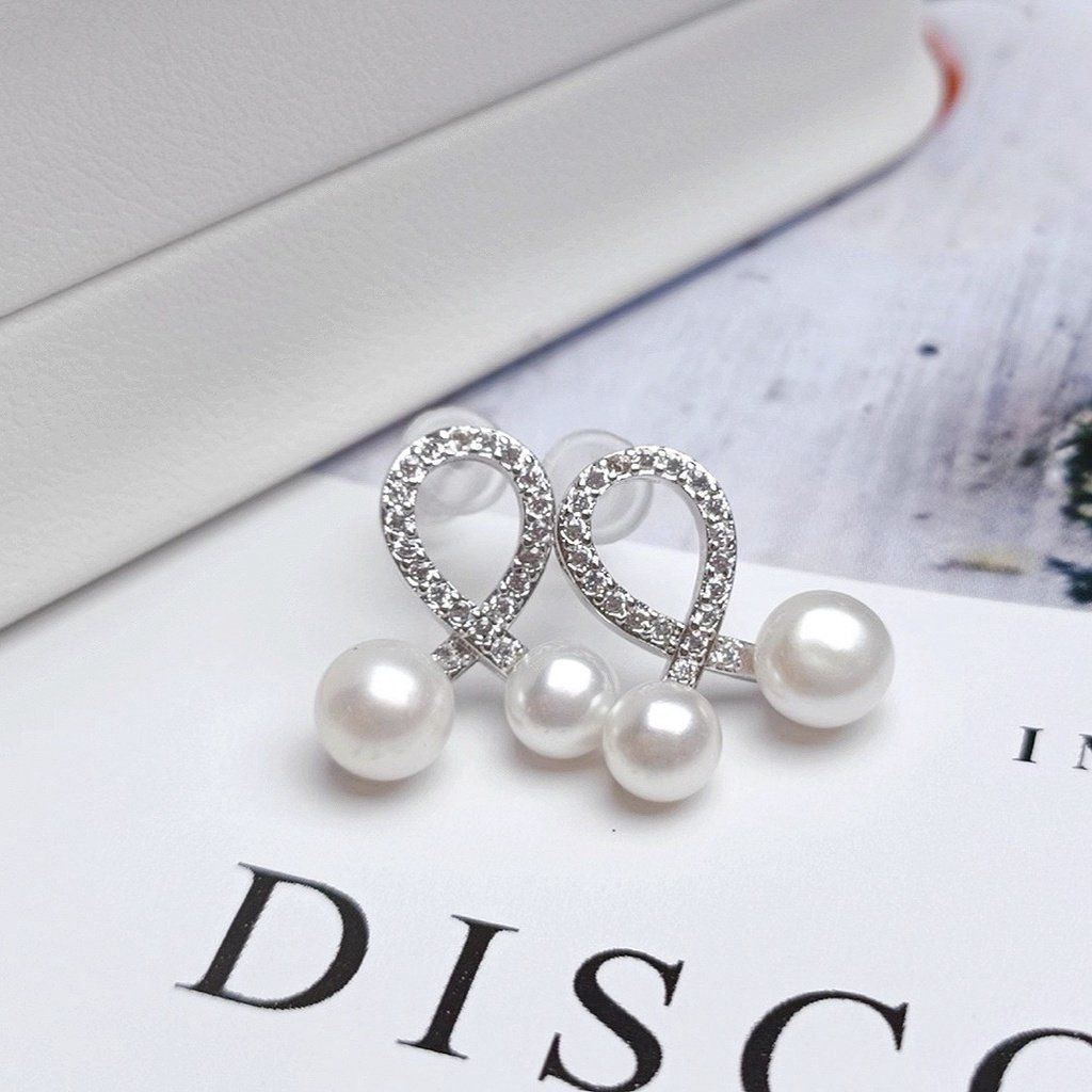 Bông Tai Nơ Lưới Zircon Đính 2 Hạt Ngọc Trai  Tự Nhiên Đan Chéo Xinh Xắn BTN006