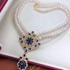 Vòng Cổ Ngọc Trai Tự Nhiên 2 Dây Đôi Mặt Đá Quý Xanh Hoàng Gia MADAME HIEN PEARLS Quyền Quý Sang Trọng CT053