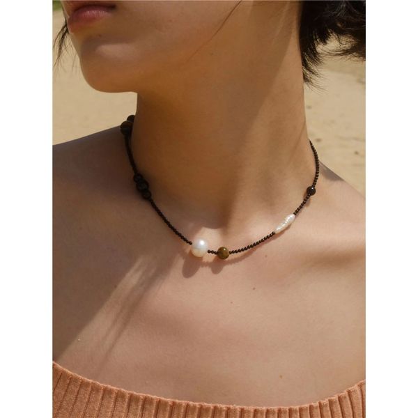 Vòng Cổ Phối Đá Mắt Hổ Tự Nhiên Kết Hợp Ngọc Trai Baroque Cá Tính MADAME HIEN PEARLS MB012A
