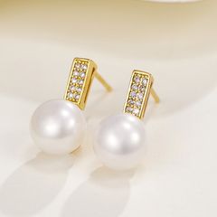 Bông Tai Ngọc Trai Tự Nhiên Mặt Thanh Đơn Giản Đính 10 Hạt Đá Quý MADAME HIEN PEARLS BTN134