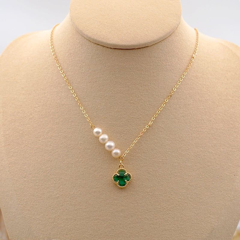 Vòng cổ Ngọc Trai Nuôi Tự Nhiên Mặt Cỏ Bốn Lá Đơn Giản
