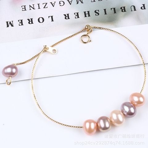 Vòng Tay 5 Hạt Ngọc Trai Tự Nhiên Handmade MADAME HIEN PEARL Dê Thương Còng Cứng Điều Chỉnh Được VTT010M